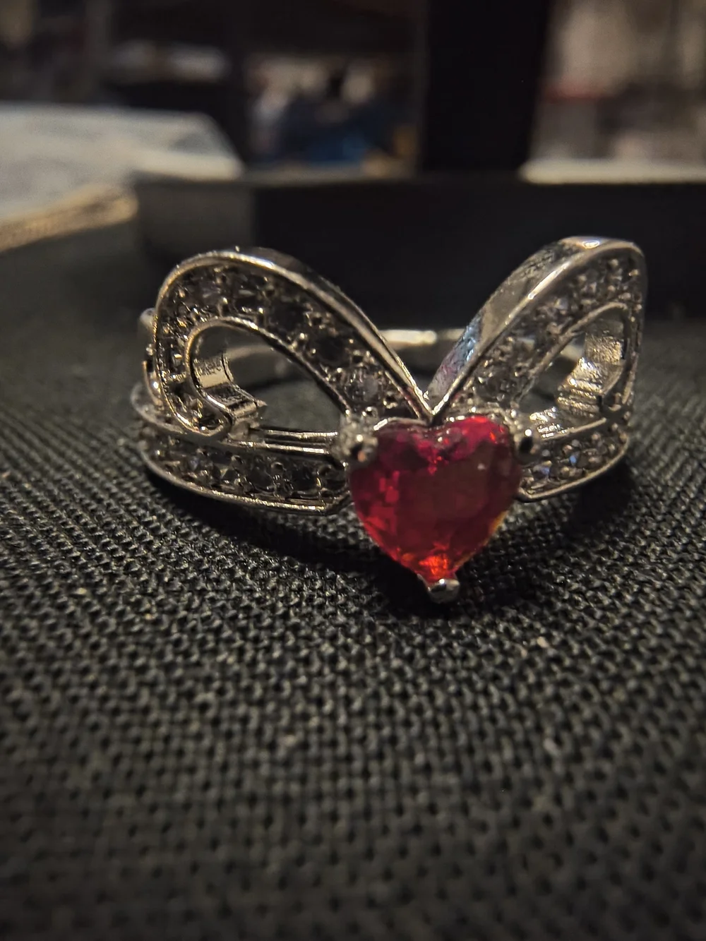 Silver Heart Ring with Red Gemstone